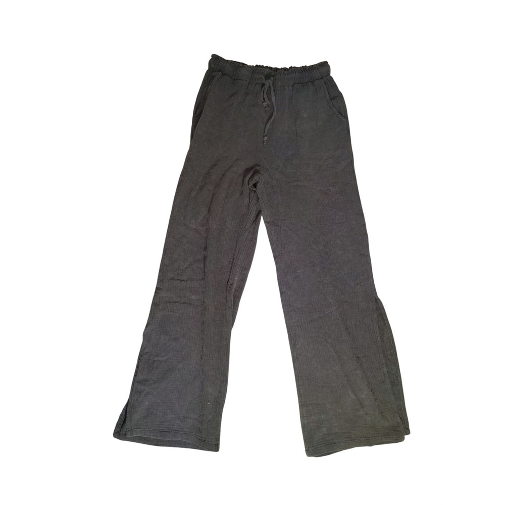 Hem & Thread Charcoal Grey Cotton Gauze Wide Leg Smocked Waist Pant Womens Small